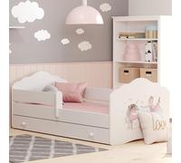 Lit d'enfant 80x160 cm avec matelas et tiroir Sommier à lattes & protection antichute amovible Lit pour enfant Set complet en blanc avec motif cheval