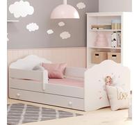 Lit d'enfant 80x160 cm avec matelas et tiroir Sommier à lattes & protection antichute amovible Lit pour enfants Ensemble complet en blanc avec motif princesse