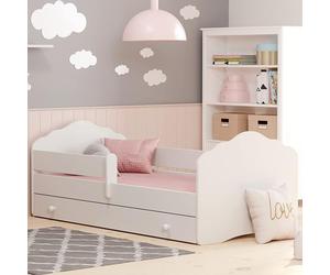Lit d'enfant 80x160 cm avec matelas et tiroir, sommier à lattes & protection antichute amovible Lit pour enfants Ensemble complet Lit complet en blanc