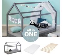 Lit D'Enfant 80x160 cm avec Matelas Lit Cabane Gris Lit Montessori Bébé Lit Maison Sommier à Lattes