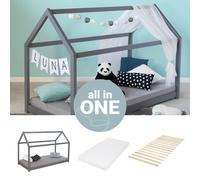 Lit D'Enfant 80x160 cm avec Matelas Lit Cabane Gris Montessori Bébé Homestyle4u