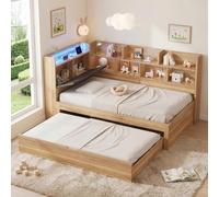 Lit d'enfant 90 x 200 cm avec lit gigogne 90 x 190 cm, lit en L avec rangement, éclairage LED et prise USB, lit de repos robuste avec étagères, aspect bois naturel, capacité de charge jusqu'à 200 kg