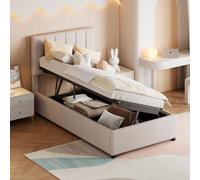 Lit d'enfant 90 x 200 cm avec système hydraulique et espace de rangement, lit rembourré sous forme de lit superposé avec draps en lin doux pour la peau, lit simple pour chambre d'enfant, beige