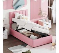 Lit d'enfant 90 x 200 cm avec système hydraulique et rangement, lit rembourré sous forme de lit superposé avec draps en lin doux pour la peau, lit simple pour chambre d'enfant, rose