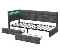Lit d'enfant 90 x 200 cm - Lit de jour rembourré - Port USB et éclairage LED - Deux tiroirs - Tissu en lin - Tête de lit à gauche - Sans matelas