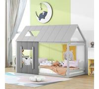 Lit d'enfant 90 x 200 cm, lit en forme de maison en pin et MDF, lit pour adolescent en forme de maison, lit ludique avec toit et fenêtre, stable, silencieux, sans matelas, gris