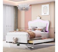 Lit d'enfant 90 x 200 cm, lit rembourré pour filles avec cadre en cuirPolyuréthaneorné de couronnes, tiroirs de rangement, éclairage LED, sommier à lattes et dossier, pratique pour une chambre d'enfan