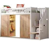 Lit d'enfant (90 x 200 cm), lit surélevé, lit d'enfant multifonctionnel avec armoire et placard d'escalier, rampe de lumière colorée, sans matelas