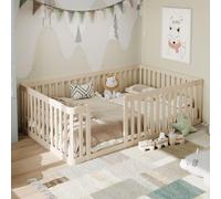 Lit d'enfant 90 x 200 cm, structure en bois avec barrière de sécurité, lit surélevé en bois massif, lit ludique, lit simple, lit futon, couleur crème