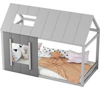 lit d'enfant 90 x 200, lit d'enfant en forme de maison, lit plat à une place avec toit et fenêtre, gris foncé + gris clair,