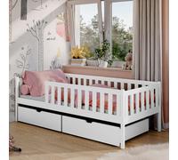 Lit d'enfant 90x200 avec deux tiroirs, protection contre la chute et sommier à lattes, lit d'enfant | Sûr & stable | Autres dimensions 80x160, 80x180, 90x190 cm | 90x200 cm : de 4 à 18 ans, blanc