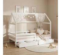 Lit D'Enfant 90x200 Blanc Lit Cabane 2 Tiroirs Barriere Bois Lattes Homestyle4u