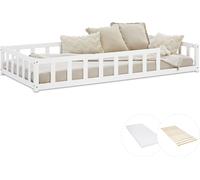 Lit D'Enfant 90x200 cm avec Matelas Lit Montessori avec Barriere en Bois Blanc Lit au Sol Bebe Lit Bas Lit Simple