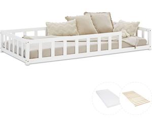 Lit D'Enfant 90x200 cm avec Matelas Lit Montessori avec Barriere en Bois Blanc Lit au Sol Bebe Lit Bas Lit Simple