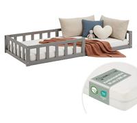 Lit D'Enfant 90x200 cm avec Matelas Lit Montessori avec Barriere en Bois Gris Lit au Sol Bebe Lit Bas Lit Simple