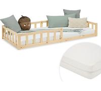 Lit D'Enfant 90x200 cm avec Matelas Lit Montessori avec Barriere en Bois Naturelle Lit au Sol Bebe Lit Bas Lit Simple