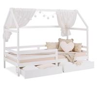 Lit D'Enfant 90x200 cm Blanc Lit Cabane avec Tiroir Barriere Lit Bébé en Bois Lit Maison Sommier à lattes