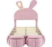 Lit d'enfant 90x200 cm, lit simple rembourré, sommier à lattes en bois, 2 tabourets de rangement, design oreilles de lapin avec éclairage LED, velours, violet