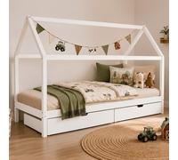 Lit D'Enfant 90x200 Lit Maison Lit Cabane Lit Montessori Lit Bois Blanc Tiroir