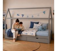 Lit D'Enfant 90x200 Lit Maison Lit Cabane Lit Montessori Lit Bois Gris Tiroir