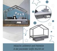 Lit D'Enfant avec matelas 90x200 Lit Maison Lit Cabane Lit Montessori Lit Bois Gris Tiroir