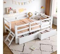 Lit d'enfant à plate-forme 90 x 200 cm en pin massif et MDF avec barrière de sécurité et 2 tiroirs Lit pour adolescent Lit ludique robuste blanc (sans matelas)