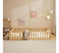 Lit d'enfant ALIGHTUP avec barrière de sécurité et sommier à lattes, 90 x 190 cm, lit au sol de style Montessori avec sortie latérale, lit simple pour chambre d'adolescent, aspect naturel