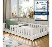 Lit d'enfant au sol 120 x 200 cm avec barrière de sécurité et sommier à lattes Lit Montessori Lit à barreaux Lit pour enfants et adolescents Lit simple | Coton