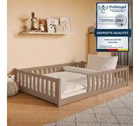 Lit d'enfant au sol 140 x 200 cm avec barrière de sécurité, matelas et sommier à lattes Lit Montessori Lit à barreaux Lit pour enfants et adolescents Lit simple | Chocolat au lait