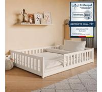 Lit d'enfant au sol 140 x 200 cm avec barrière de sécurité, matelas et sommier à lattes Lit Montessori Lit à barreaux Lit pour enfants et adolescents Lit simple | Coton