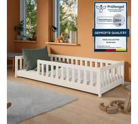 Lit d'enfant au sol 80 x 180 cm avec barrière de sécurité, matelas et sommier à lattes Lit Montessori Lit à barreaux Lit pour enfants et adolescents Lit simple | Coton
