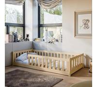 Lit d'Enfant au Sol 80x180 cm Avec Protection Contre Les Chutes & Sommier à Lattes Montessori - Lit à Barreaux Simple en Option Avec Matelas - Pin Naturel Massif - Garçon Fille