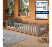 Lit d'enfant au sol 90 x 19 cm avec barrière de sécurité, matelas et sommier à lattes - Lit Montessori, lit à barreaux, lit pour enfants et adolescents, lit simple | Chocolat au lait