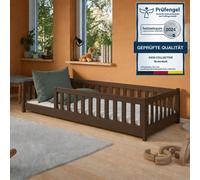 Lit d'enfant au sol 90 x 190 cm avec barrière de sécurité et sommier à lattes Lit Montessori Lit à barreaux Lit pour enfants et adolescents Lit simple | Chocolat noir
