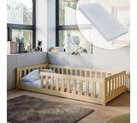 Lit d'enfant Lit de sol 90x190 cm Lit avec matelas, protection contre les chutes & sommier Montessori Lit Lit à barreaux Enfants Lit d'adolescent Lit individuel set complet | pin naturel bois massif g