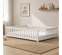 Lit d'enfant au sol avec barrière de sécurité et sommier à lattes Lit Montessori Lit à barreaux Lit pour enfants et adolescents Lit simple | 80 x 180 cm | Coton