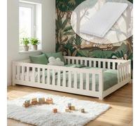 Lit d'enfant au sol avec barrière de sécurité, sommier à lattes et matelas | Lit Montessori | Lit à barreaux | Lit pour enfants et adolescents | Lit simple | 140 x 200 cm | Coton