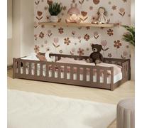 Lit d'enfant au sol avec barrières de sécurité et sommier à lattes Lit Montessori Lit à barreaux Lit pour enfants et adolescents Lit simple | 80 x 180 cm | Chocolat au lait