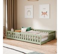 Lit d'enfant au sol avec barrières de sécurité et sommier à lattes Lit Montessori Lit à barreaux Lit pour enfants et adolescents Lit simple | 140 x 200 cm | Vert olive
