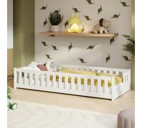 Lit d'enfant au sol avec barrières de sécurité et sommier à lattes Lit Montessori Lit à barreaux Lit pour enfants et adolescents Lit simple | 90 x 190 cm | Blanc