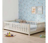 Lit d'enfant au sol avec barrières de sécurité et sommier à lattes Lit Montessori Lit à barreaux Lit pour enfants et adolescents Lit simple | 120 x 200 cm | Coton