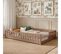 Lit d'enfant au sol avec barrières de sécurité et sommier à lattes Lit Montessori Lit à barreaux Lit pour enfants et adolescents Lit simple | 140 x 200 cm | Cannelle