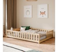 Lit d'enfant au sol avec barrières de sécurité et sommier à lattes Lit Montessori Lit à barreaux Lit pour enfants et adolescents Lit simple | 140 x 200 cm | Naturel