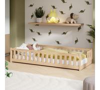 Lit d'enfant au sol avec barrières de sécurité et sommier à lattes Lit Montessori Lit à barreaux Lit pour enfants et adolescents Lit simple | 90 x 190 cm | Naturel