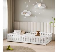 Lit d'enfant au sol avec barrières de sécurité et sommier à lattes Lit Montessori Lit à barreaux Lit pour enfants et adolescents Lit simple | 120 x 200 cm | Blanc