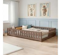 Lit d'enfant au sol avec barrières de sécurité, sommier à lattes et matelas | Lit Montessori | Lit à barreaux | Lit pour enfants et adolescents | Lit simple | 120 x 200 cm | Chocolat au lait