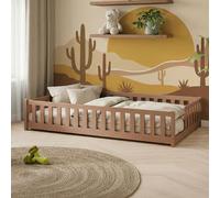 Lit d'enfant au sol avec barrières de sécurité, sommier à lattes et matelas | Lit Montessori | Lit à barreaux | Lit pour enfants et adolescents | Lit simple | 80 x 160 cm | Cannelle