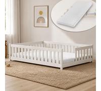 Lit d'enfant au sol avec barrières de sécurité, sommier à lattes et matelas | Lit Montessori | Lit à barreaux | Lit pour enfants et adolescents | Lit simple | 80 x 160 cm | Coton