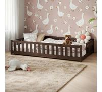 Lit d'enfant au sol avec barrières de sécurité, sommier à lattes et matelas | Lit Montessori | Lit à barreaux | Lit pour enfants et adolescents | Lit simple | 120 x 200 cm | Chocolat noir