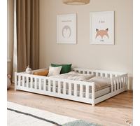 Lit d'enfant au sol avec barrières de sécurité, sommier à lattes et matelas | Lit Montessori | Lit à barreaux | Lit pour enfants et adolescents | Lit simple | 140 x 200 cm | Blanc
